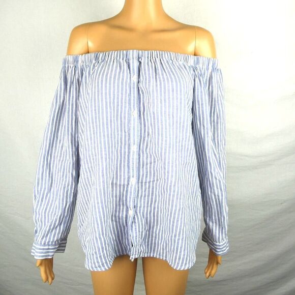 Trovata Birds of Paradise Striped Off the Shoulder Button Front Blouse Large - Picture 1 of 7